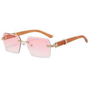 Hip Hop Women Men Sunglasses Pink Rimless Luxury Retro Shades Gold Metal Diamond
